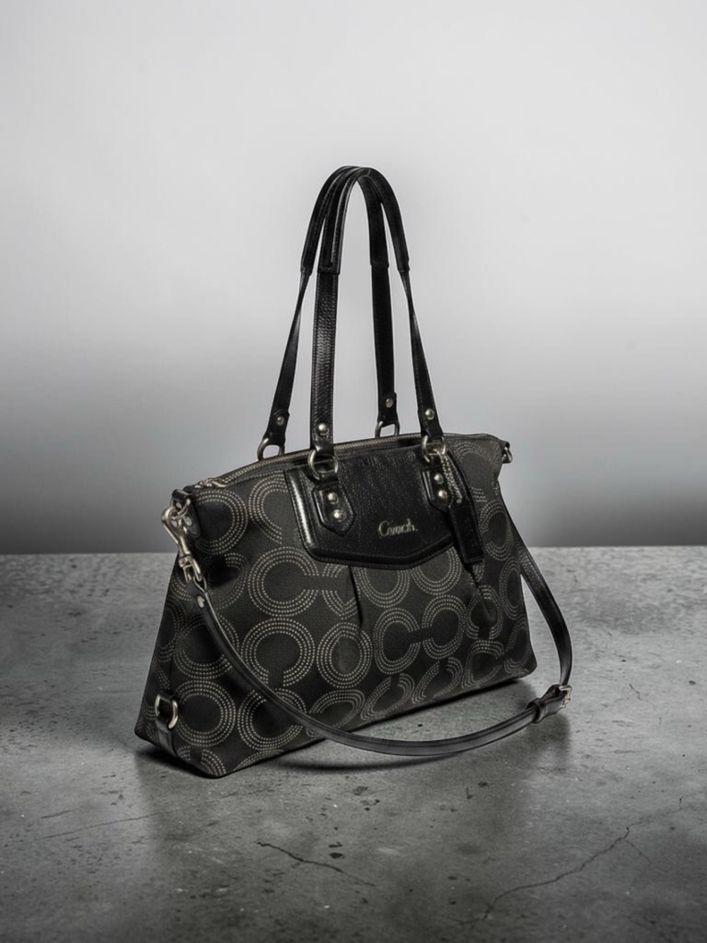 COACH Ashley Dotted Op Art Carryall Shoulder Bag in Black Canvas #F20049